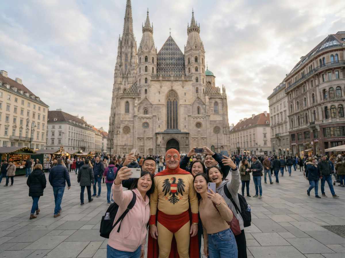 Austriaman macht Selfies mit Touristen
